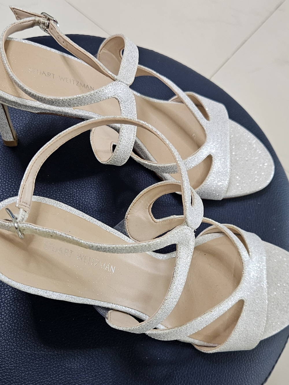 Stuart Weitzman Silver Glitter Strappy Sandals, Size 8